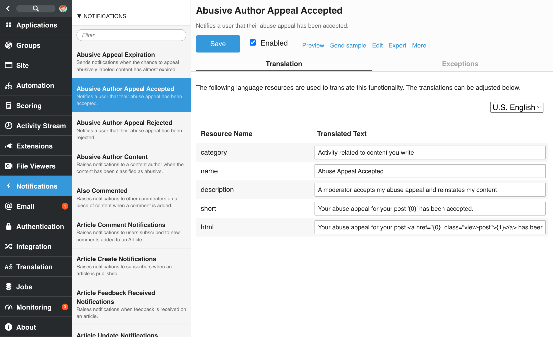 Configuration form of Abusive Author Appealed Email