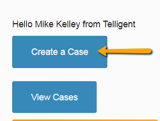 Image with the Create A Case button pointed to with an arrow.