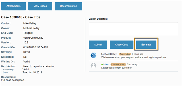 Case details with the escalate button highlighted