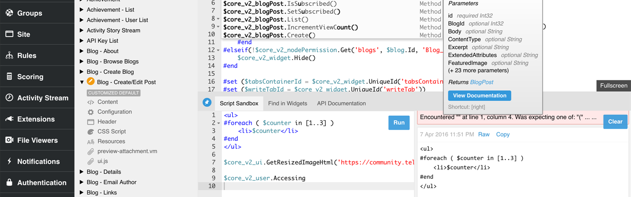 Widget Studio autocompletion, immediate evaluation, and global search in Telligent Community 9.1